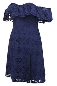 Corset Story SC-062 Peony Summer Navy Broderie Anglaise Cotton Corset Dress With Off The Shoulder Frill