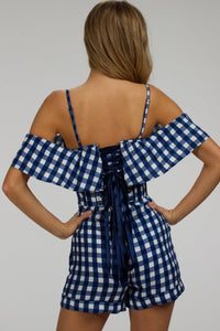 Corset Story SC-066 Ivy Gingham Blue Viscose Corset Playsuit With Off The Shoulder Sleeves