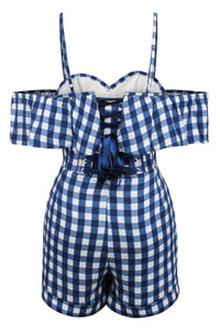 Corset Story SC-066 Ivy Gingham Blue Viscose Corset Playsuit With Off The Shoulder Sleeves