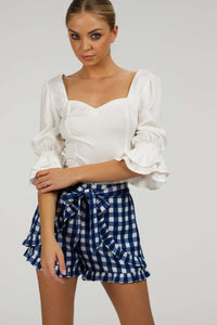 Corset Story SC-105 Daisy Gingham Blue Viscose Shorts With Frill Edge and Self Tie Belt