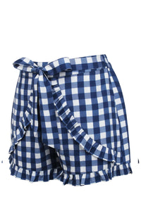 Corset Story SC-105 Daisy Gingham Blue Viscose Shorts With Frill Edge and Self Tie Belt