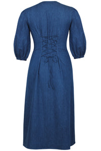 Rosemary Blue Chambray Shirt Dress with Corset-Inspired Lacing