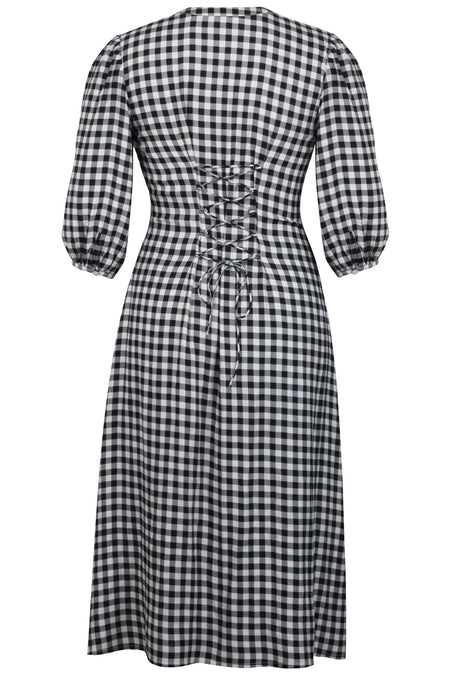 Rosemary Black Gingham Viscose Shirt Dress with Corset-Inspired Lacing