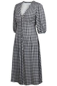 Rosemary Black Gingham Viscose Shirt Dress with Corset-Inspired Lacing