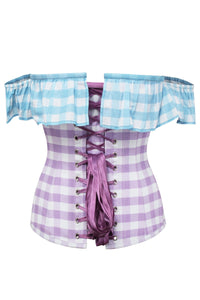 Corset Story TYS506 Lilac and Blue Contrast Gingham Corset Top With Bardot Sleeve