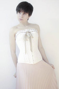 Corset Story VICSFA1010CHA Vintage Inspired Straight Line Overbust With Ribbon Woven Through Lace Trim - Champagne