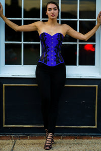 Corset Story WTS518 Navy Blue Longline Overbust Corset with Black Lace and Mesh Panels